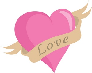 pink heart with a banner and the word love